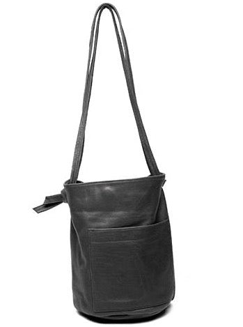 an erin templeton leather handbag with a bucket shaped body, a large off-centre pocket and dual crossbody straps. shown in black leather