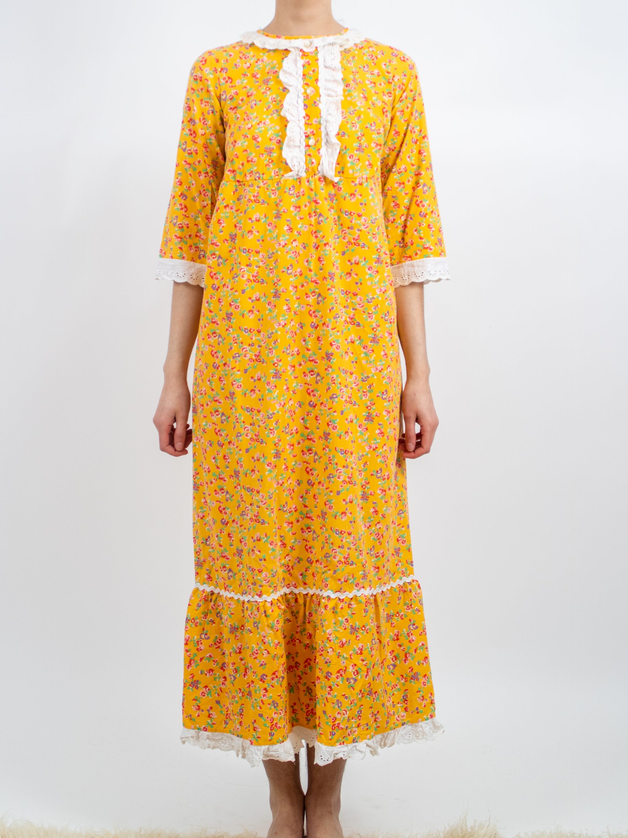 knee length dresses for ladies Light Yellow Round Neck Sleeveless Georgette & Lace Floral Fit & Flare Maxi  Dress for Women main image 0