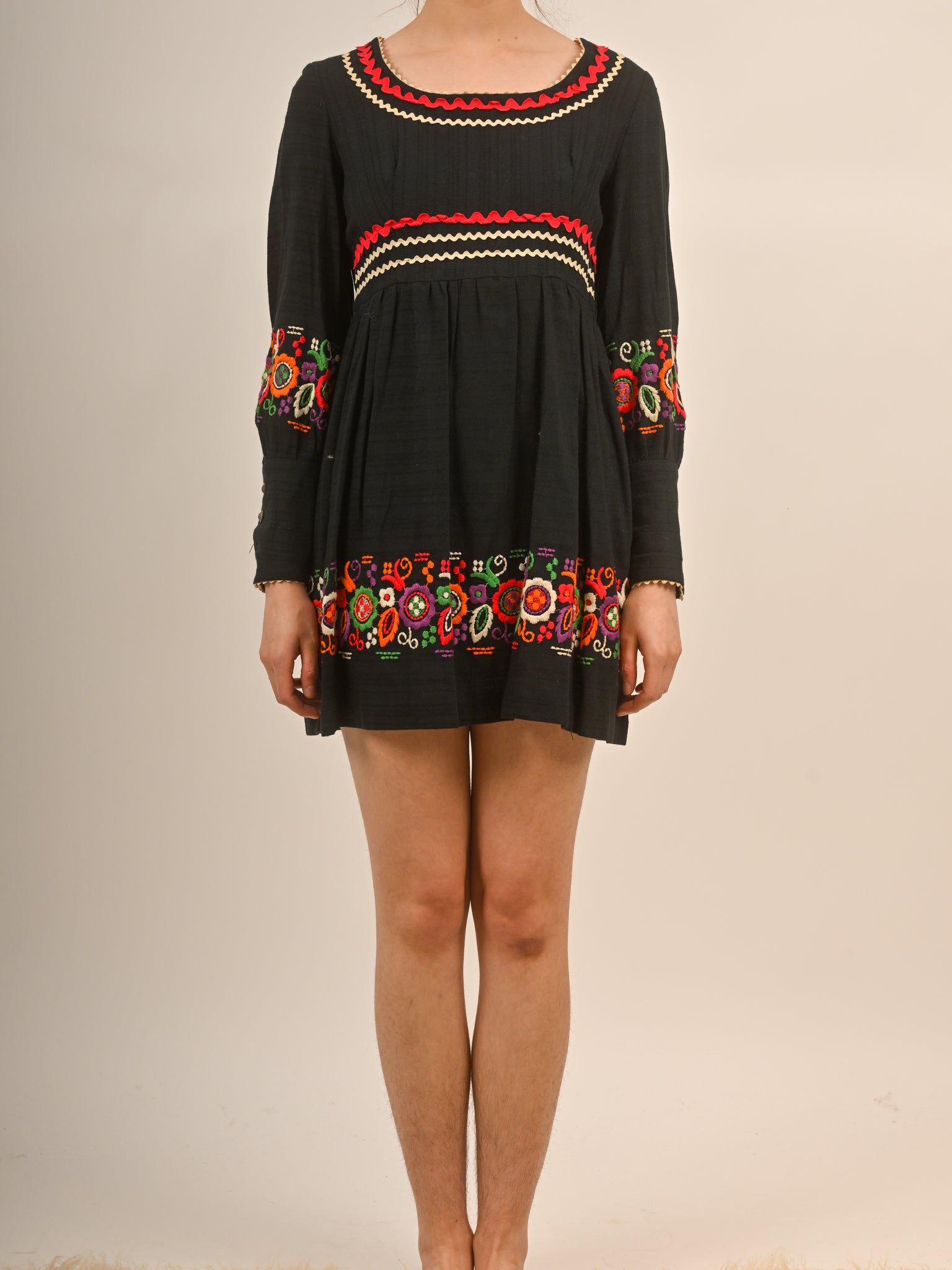 1960s Black Embroidered Mini dress with Ric-Rac Trim V098 Erin Templeton 1960s Black Embroidered Mini dress with Ric-Rac Trim V098 Erin Templeton
