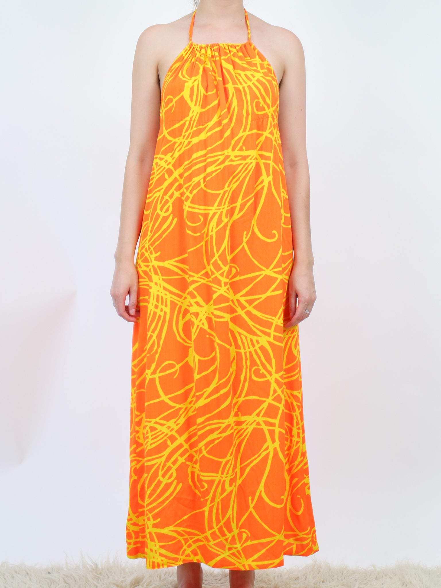 1970s cotton blend bright orange and yellow abstract halter maxi dress Erin Templeton 1970s cotton blend bright orange and yellow abstract halter maxi dress Erin Templeton