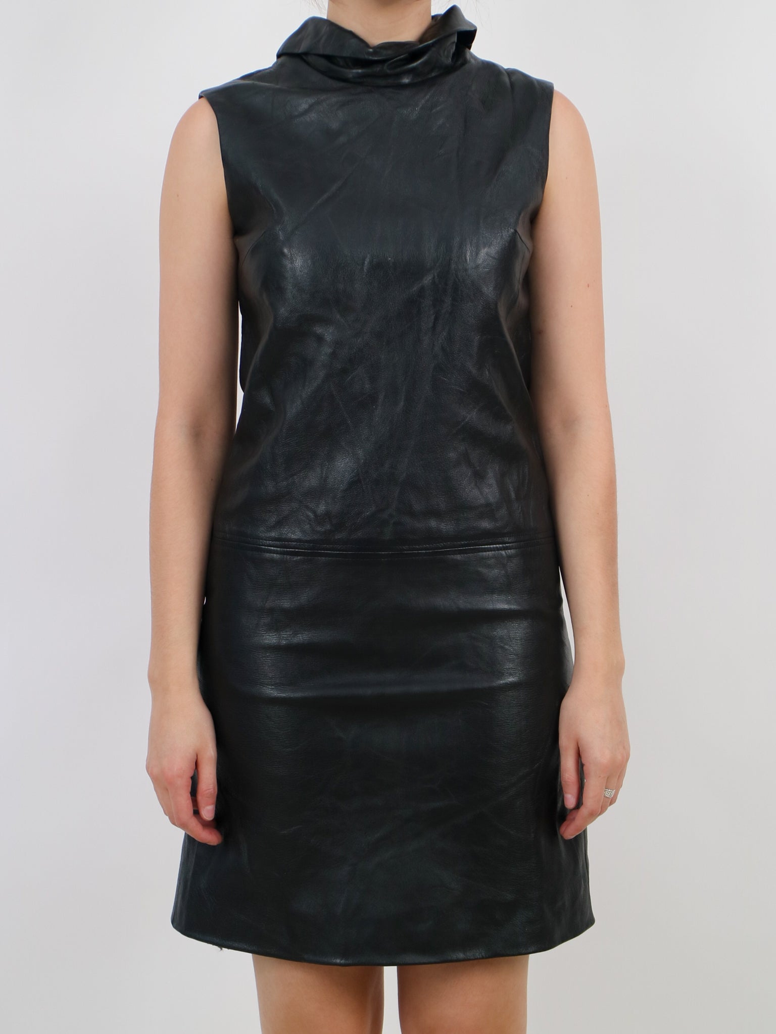1960s black leather mock neck shift dress v286 Erin Templeton 1960s black leather mock neck shift dress v286 Erin Templeton