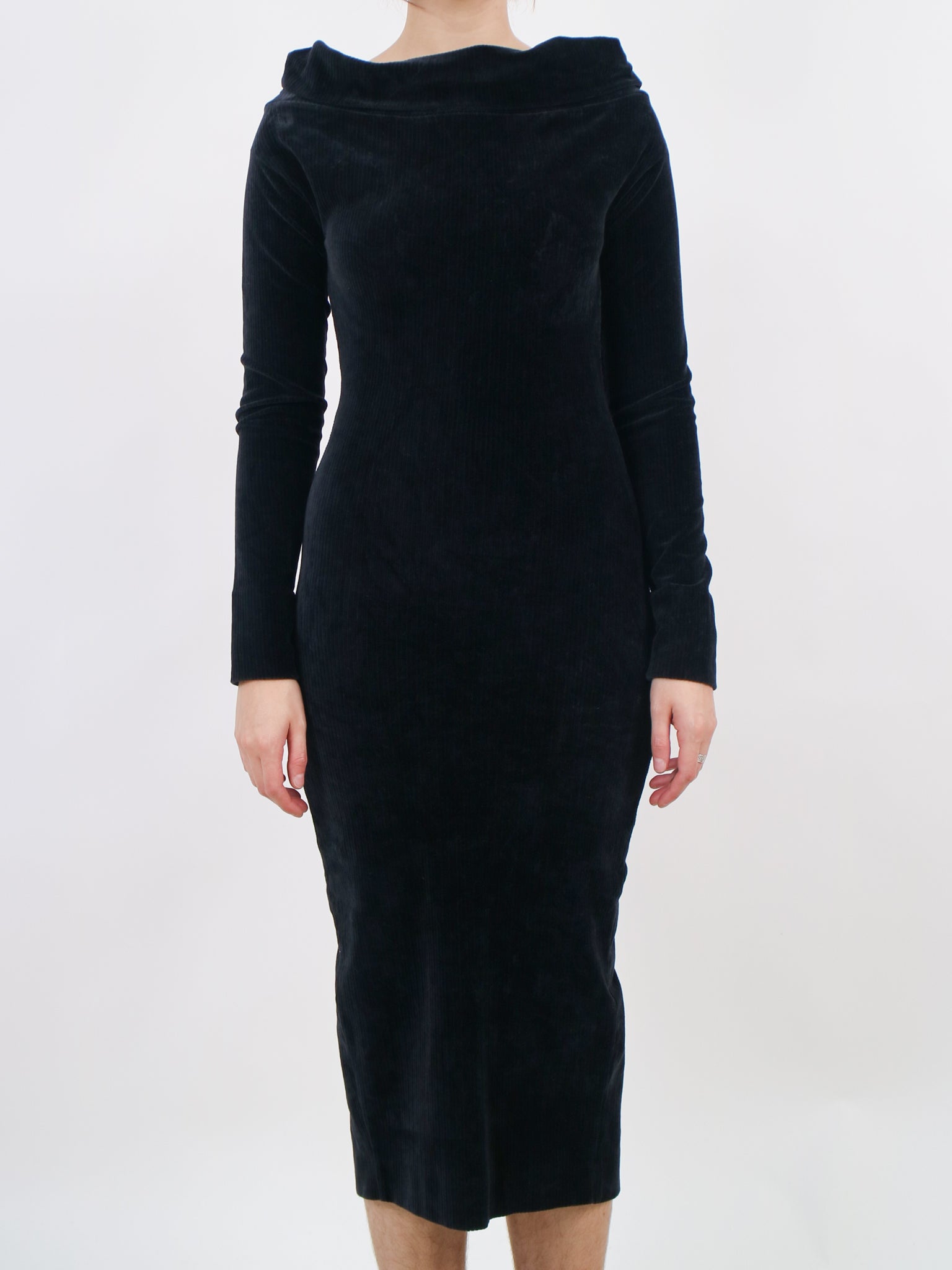 long sleeve wiggle dress 1990s black stretchy ribbed velvet maxi cowl neck/off the shoulder wig –  Erin Templeton