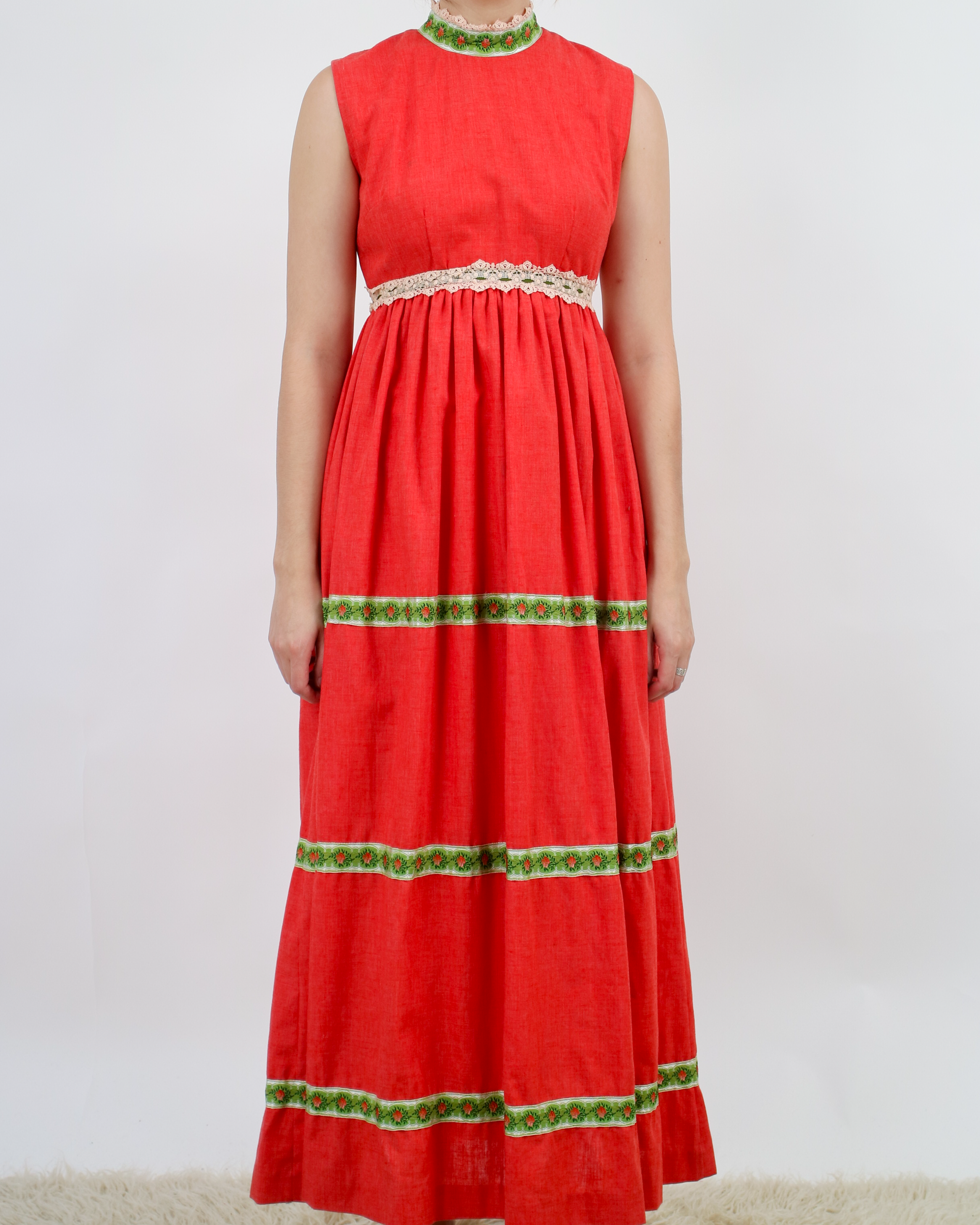 1970s crimson red sleeveless maxi tiered dress with gold and green rib Erin Templeton 1970s crimson red sleeveless maxi tiered dress with gold and green rib Erin Templeton