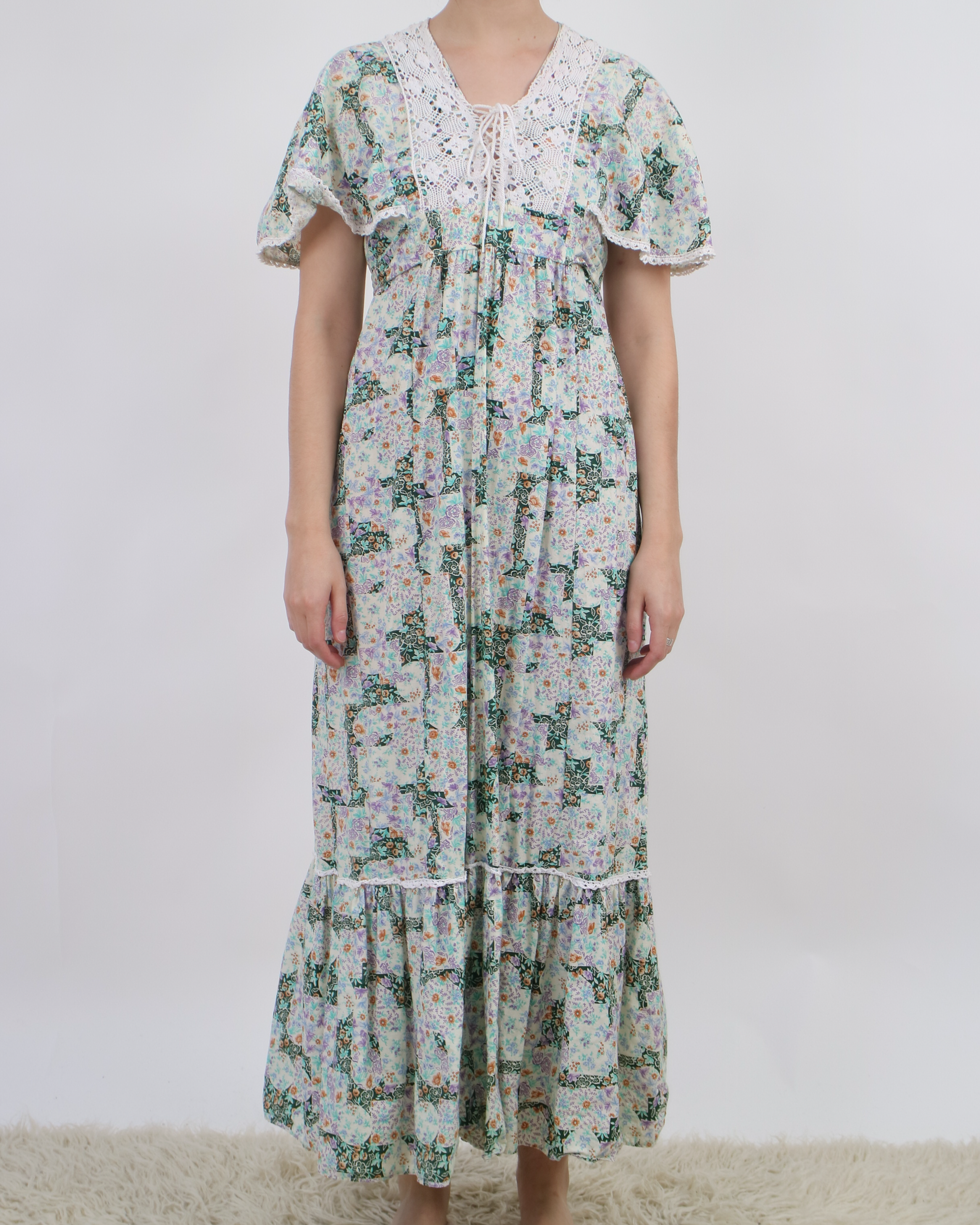 1970s multicolour prairie folk calico maxi dress with empire waist and Erin Templeton 1970s multicolour prairie folk calico maxi dress with empire waist and Erin Templeton