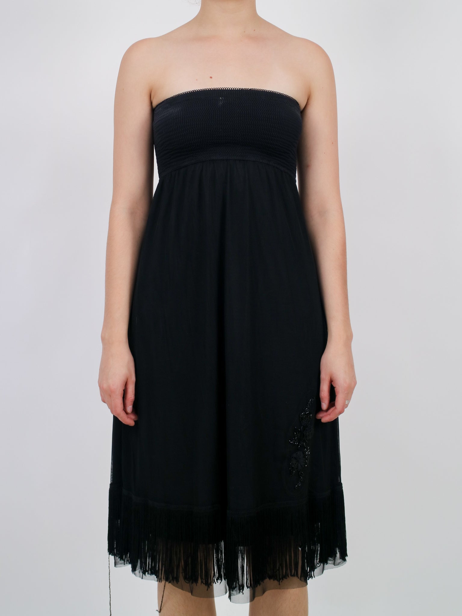 2000s betsey johnson black chiffon party dress with fringe details and Erin Templeton 2000s betsey johnson black chiffon party dress with fringe details and Erin Templeton