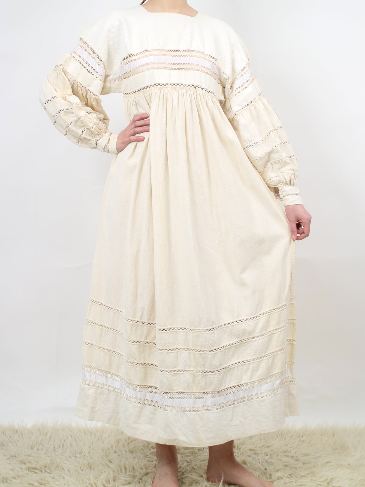 antique beige Mexican wedding dress with woven cotton shell buttons V4 – Erin Templeton