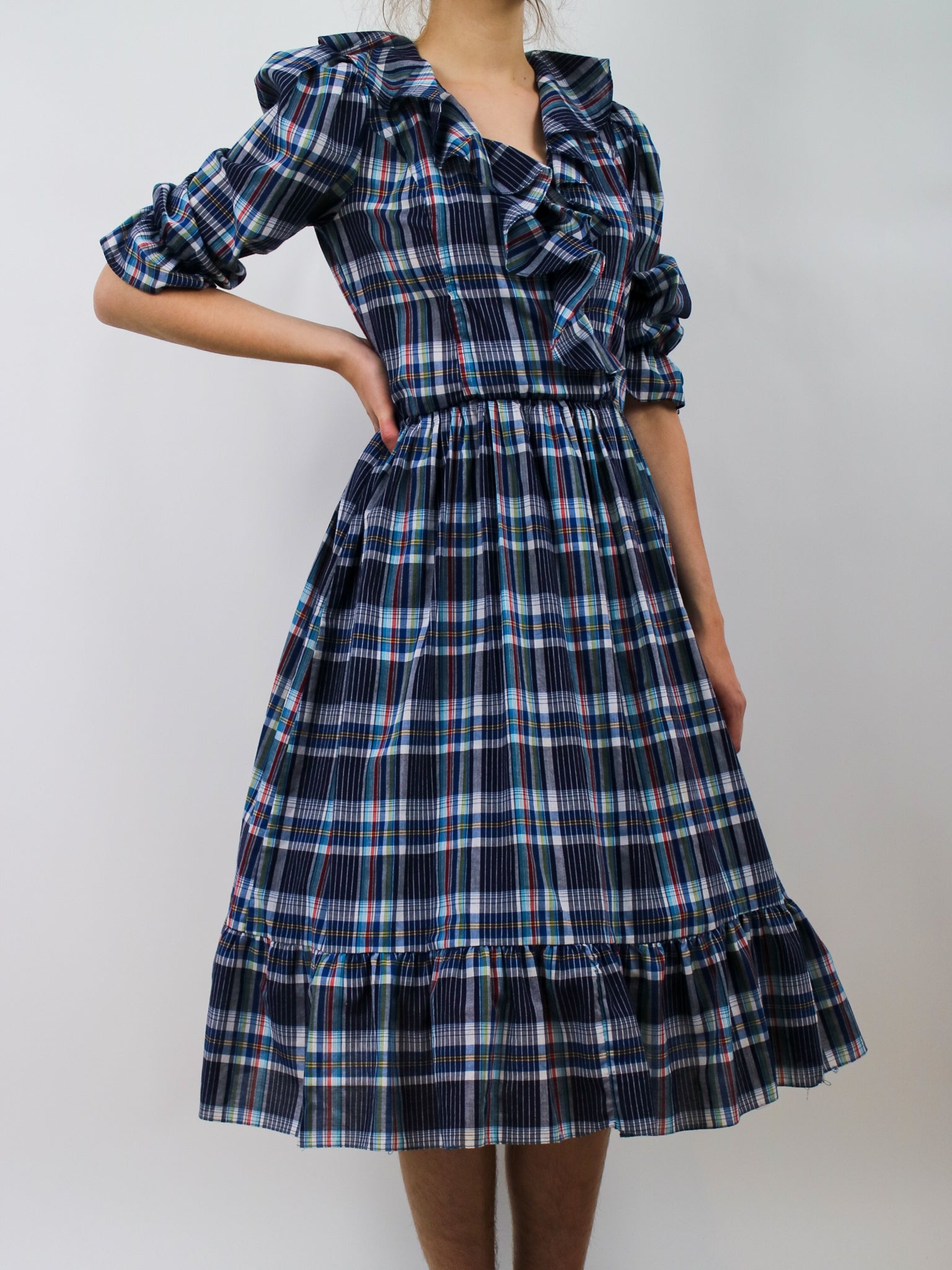 1980s Plaid Ruffle Collar Puff Sleeve Dress V029 – Erin Templeton