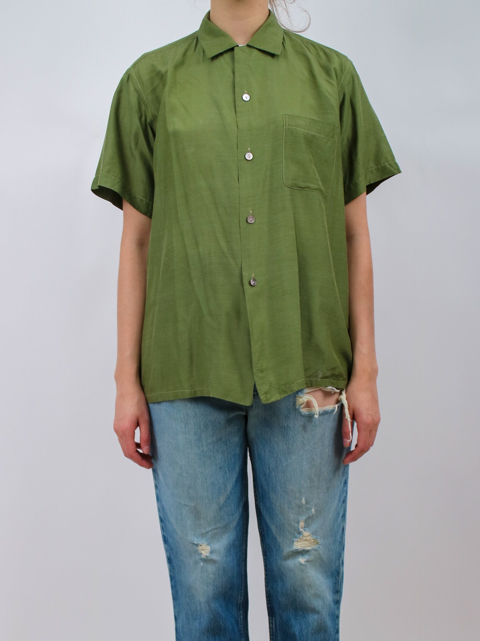Olive green short sleeve button up hot sale
