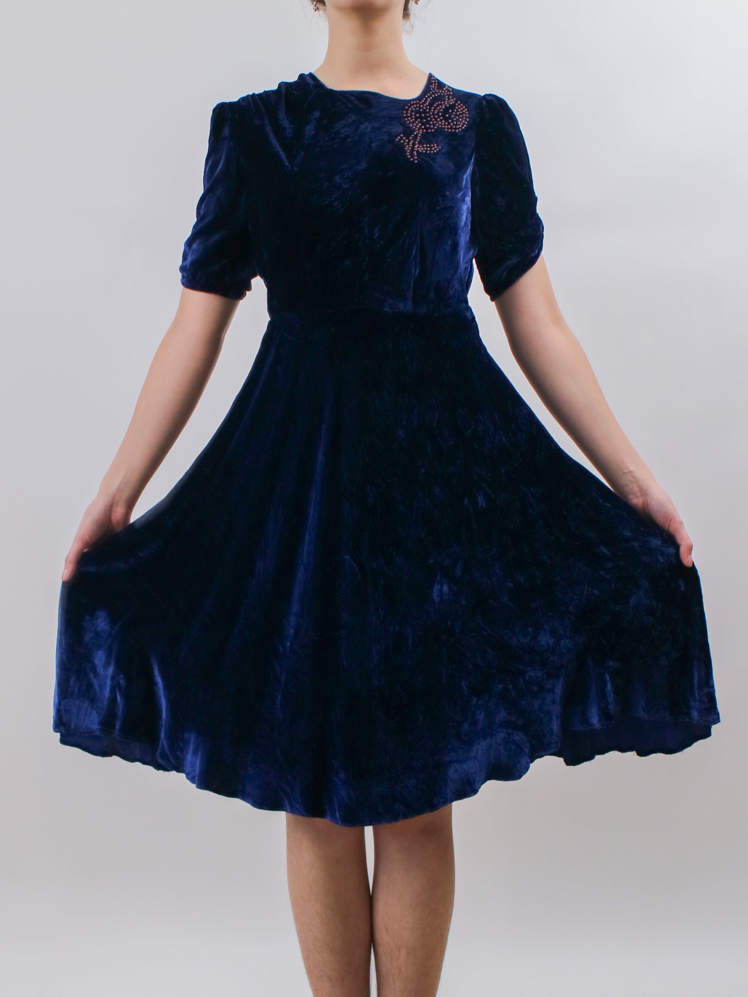 1930s Blue Velvet Cocktail Dress with Pink Studded Details v233 Erin Templeton 1930s Blue Velvet Cocktail Dress with Pink Studded Details v233 Erin Templeton