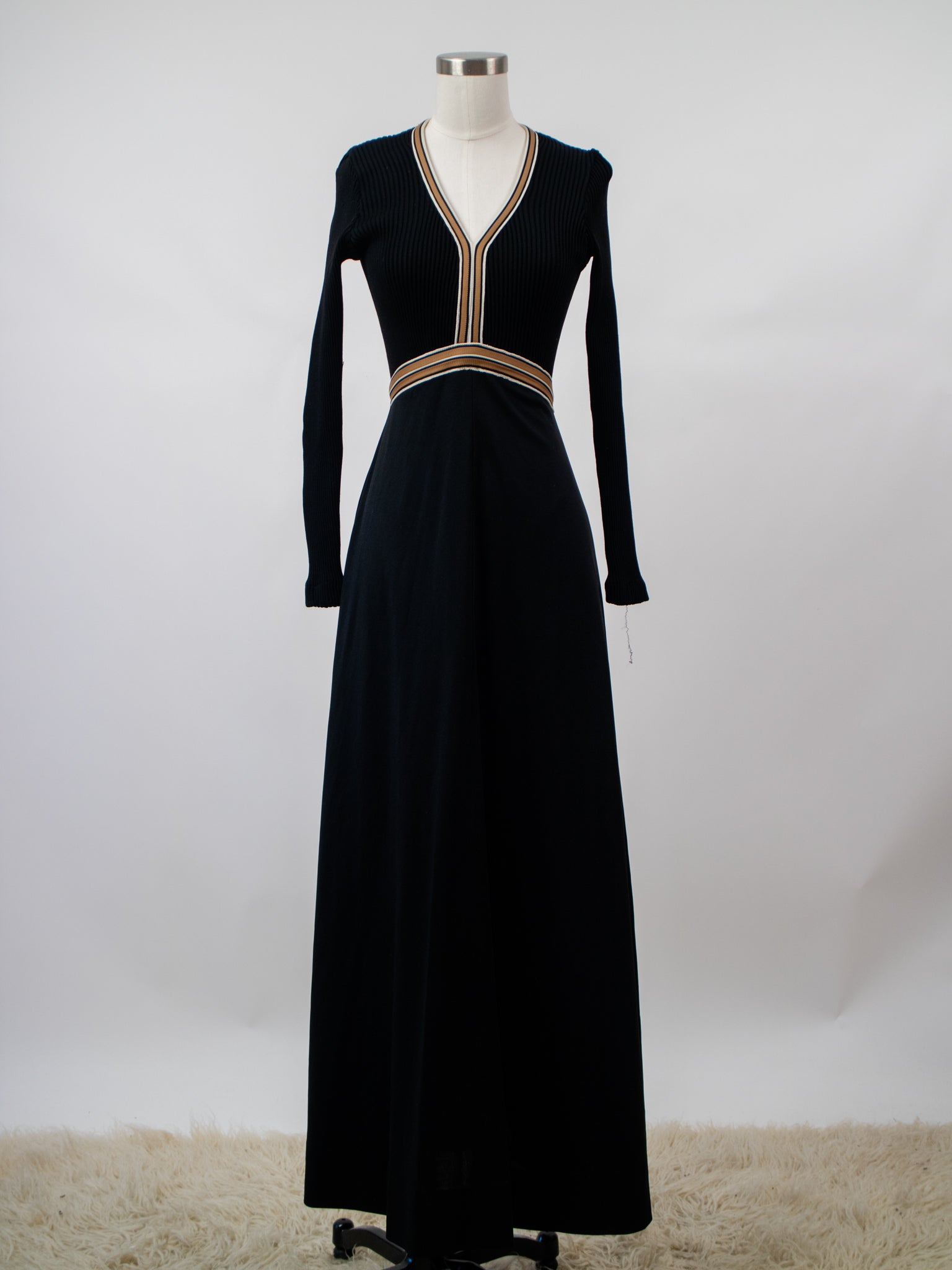 1970s Black Knit Maxi Dress with Gold Trim and V Neck V039 Erin Templeton 1970s Black Knit Maxi Dress with Gold Trim and V Neck V039 Erin Templeton