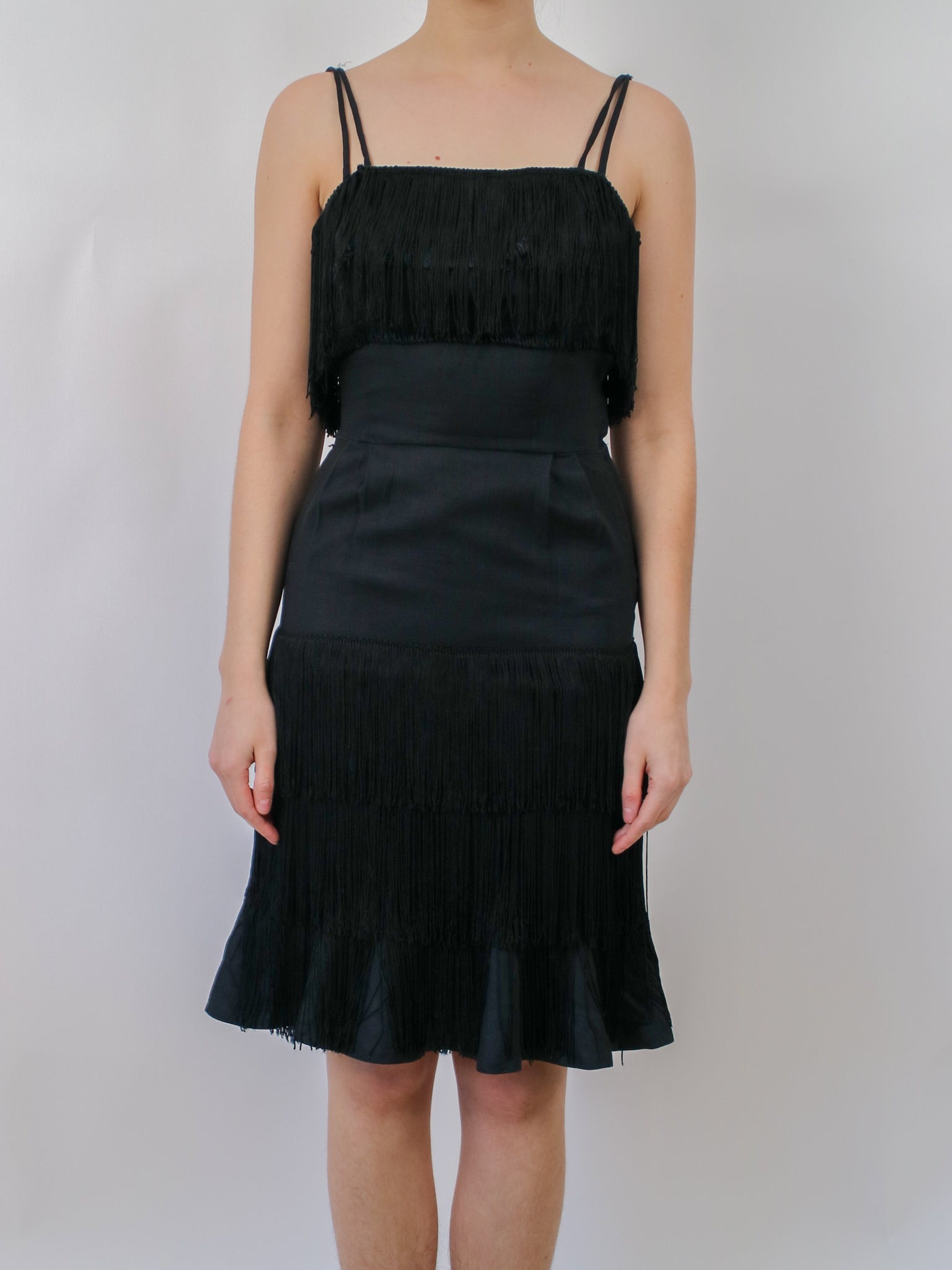 1960s Does 1920s Black Fringe Fishtail Cocktail Dress V672  Erin Templeton