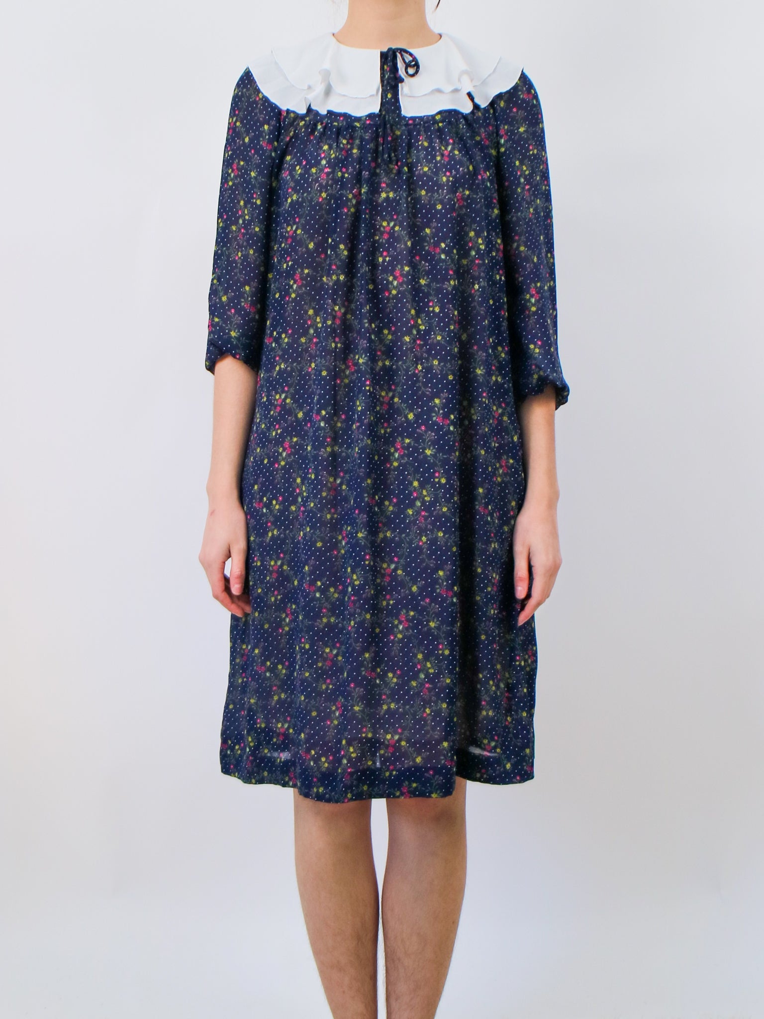 980s Polyester Chiffon Navy Blue Floral Tent Dress V148 – Erin Templeton