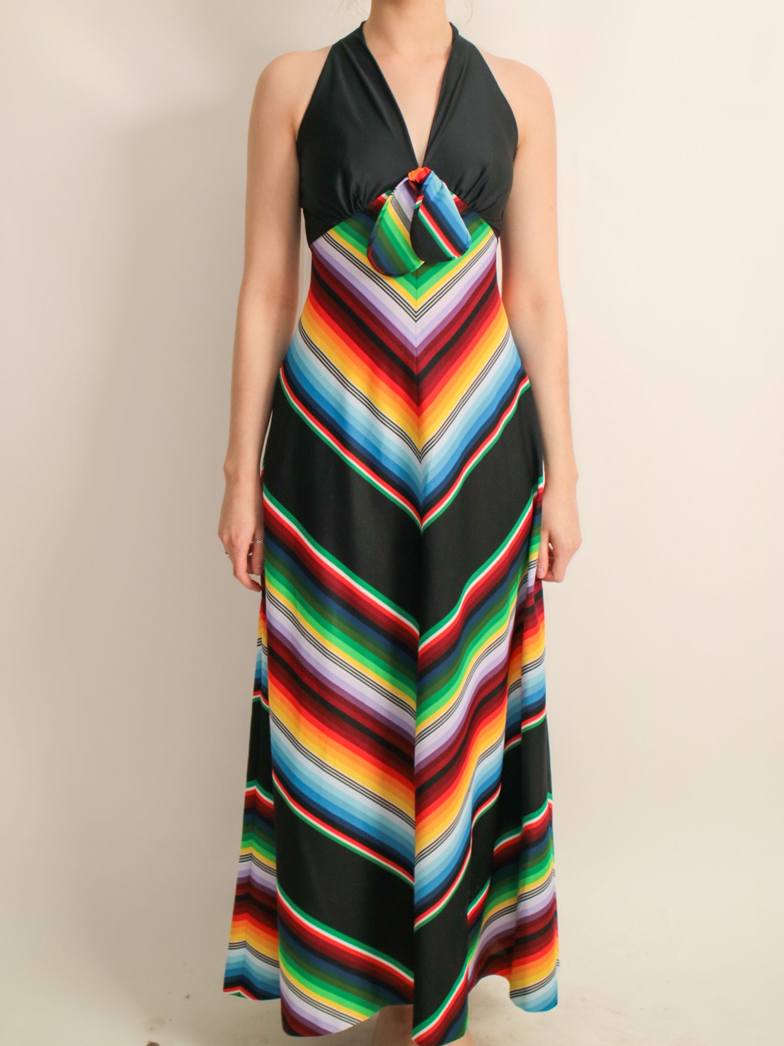 1970s Black Halter Maxi Dress with Multi-Coloured Rainbow Chevron Stri Erin Templeton 1970s Black Halter Maxi Dress with Multi-Coloured Rainbow Chevron Stri Erin Templeton