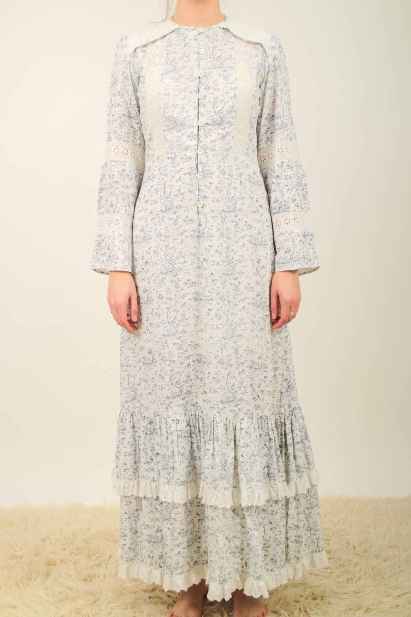 1970s white and blue chinoiserie print bohemian cotton maxi dress V016 Erin Templeton 1970s white and blue chinoiserie print bohemian cotton maxi dress V016 Erin Templeton