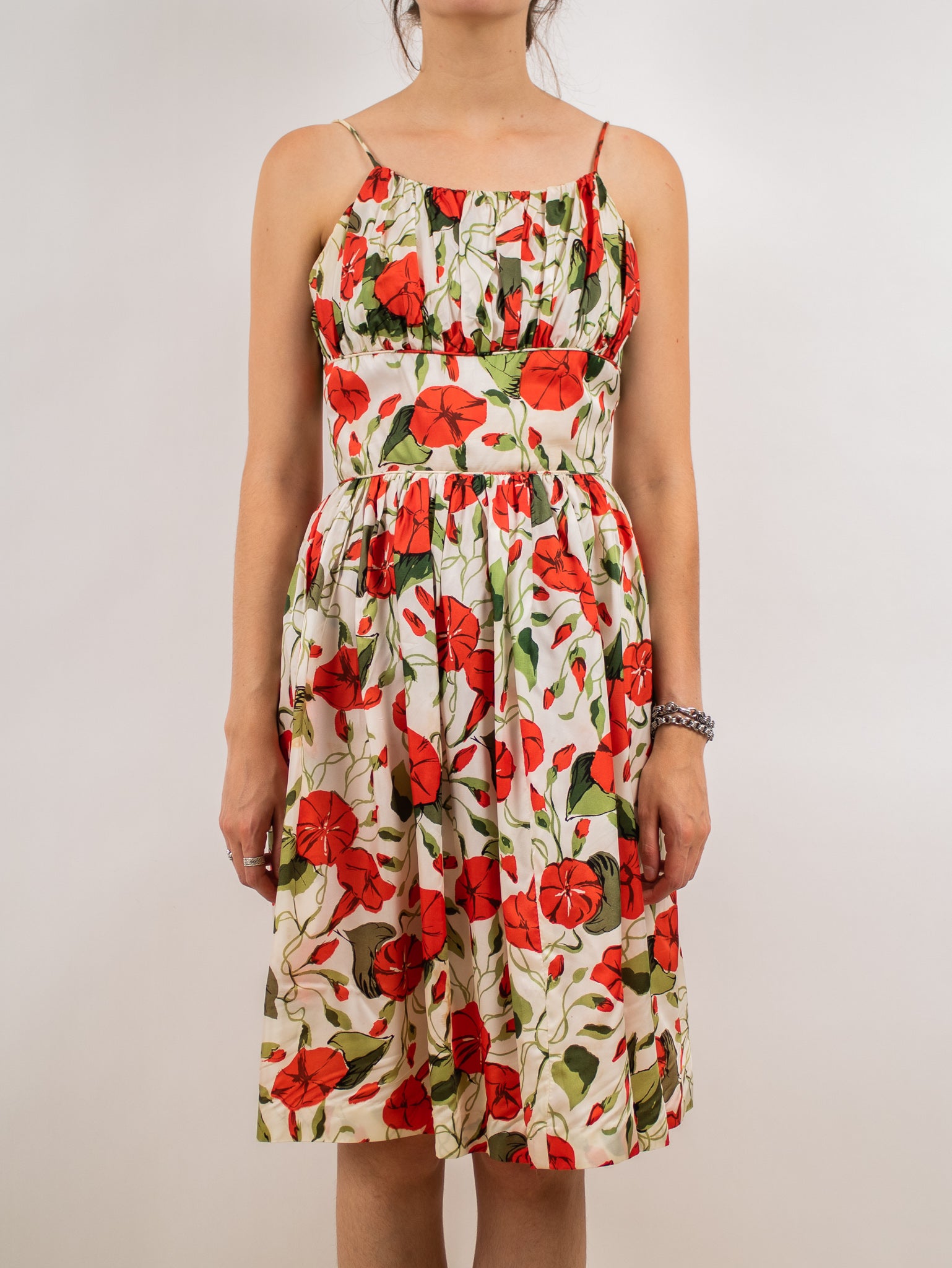 1950's Red White and Green Rose Print Fit and Flare Spaghetti Strap Su Erin Templeton 1950's Red White and Green Rose Print Fit and Flare Spaghetti Strap Su Erin Templeton