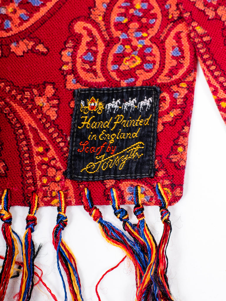 closeup of the label of a 1940's 'forsyth' men's opera scarf showing it was hand painted in England