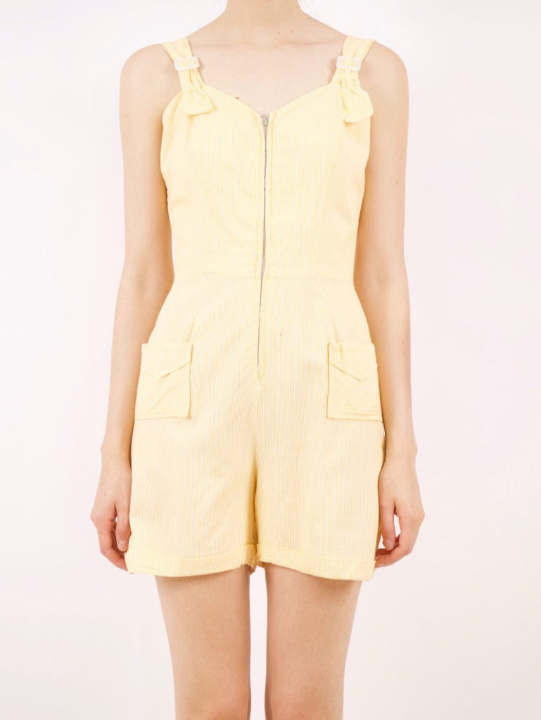 1940's / 1950's MONIQUE lemon striped romper with a zip down the front and two pockets