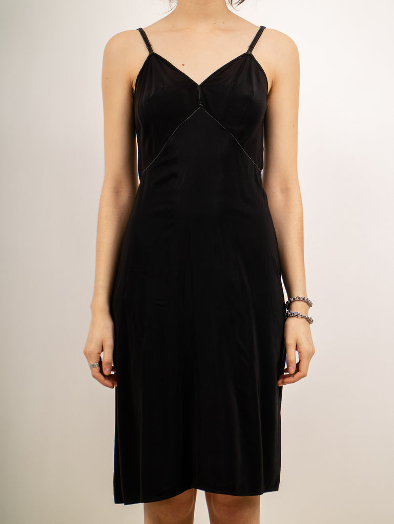 black 1940's ARTEMIS contrast stitch rayon knee length slip dress