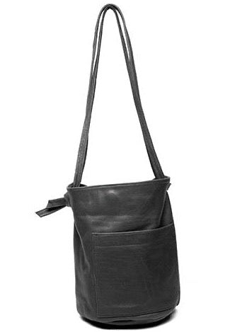 an erin templeton leather handbag with a bucket shaped body, a large off-centre pocket and dual crossbody straps. shown in black leather