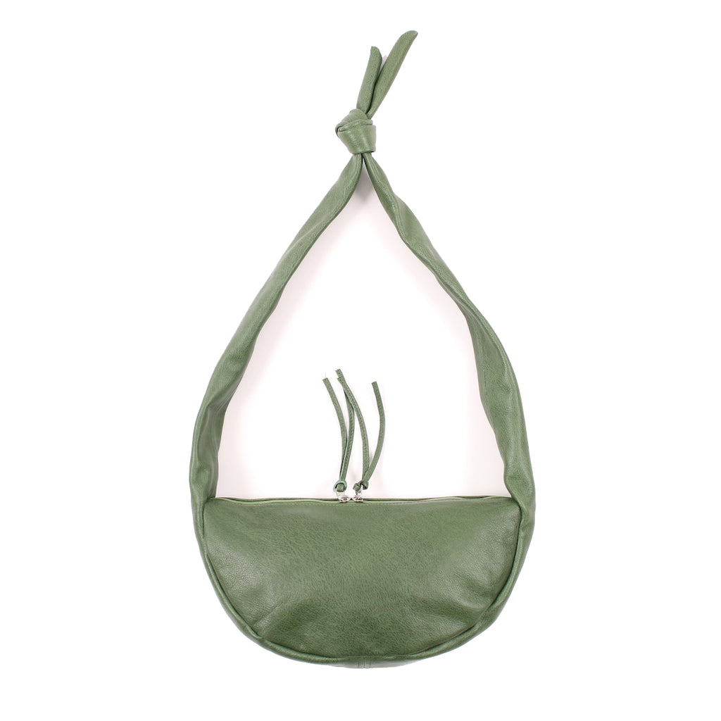 a small leather sling style handbag shown in sage leather with a knotted strap and double zip closure, handmade by erin templeton in vancouver, canada