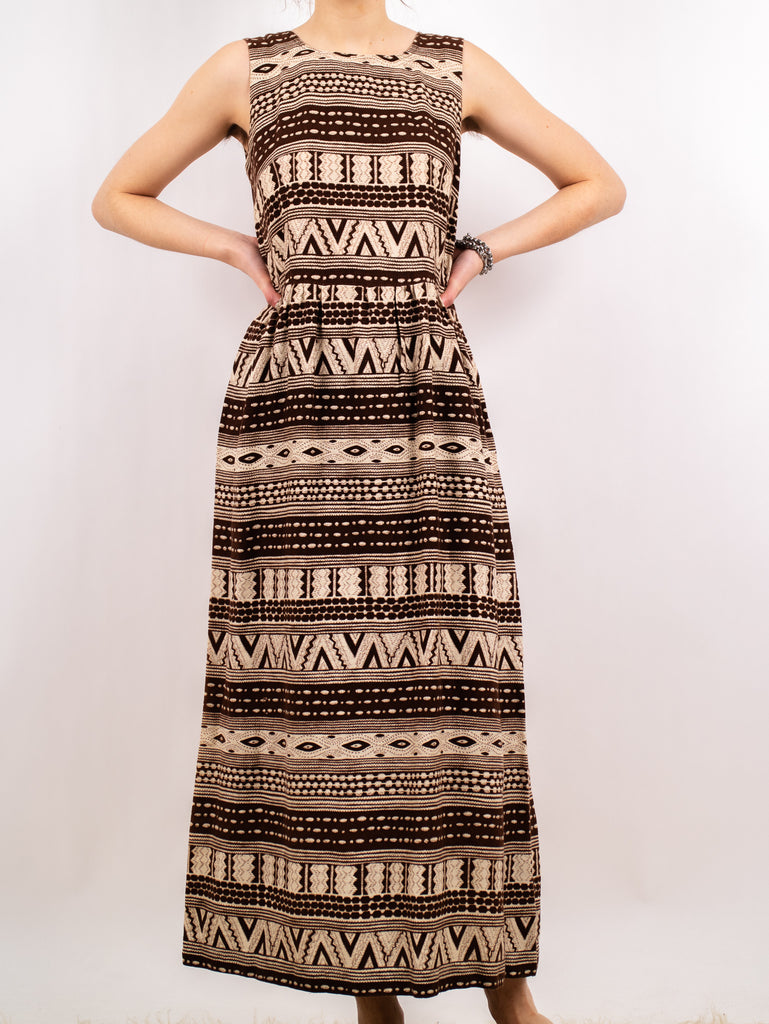 1940's brown patterned sleeveless barkcloth midi dress