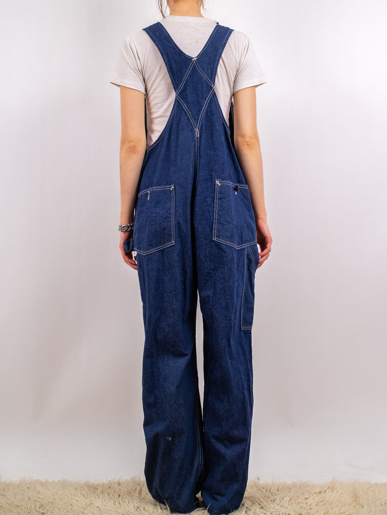 back view of 1940's / 1950's TORONTO TRANSIT COMPANY denim overalls with TTC logo patch on the chest